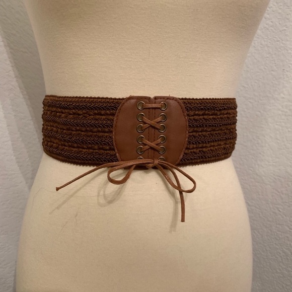 Brown Stretchy Wide Woven Boho Belt Faux Leather - Picture 4 of 8